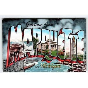 Greetings From Marquette Michigan Large Big Letter Postcard Linen Unused Kropp